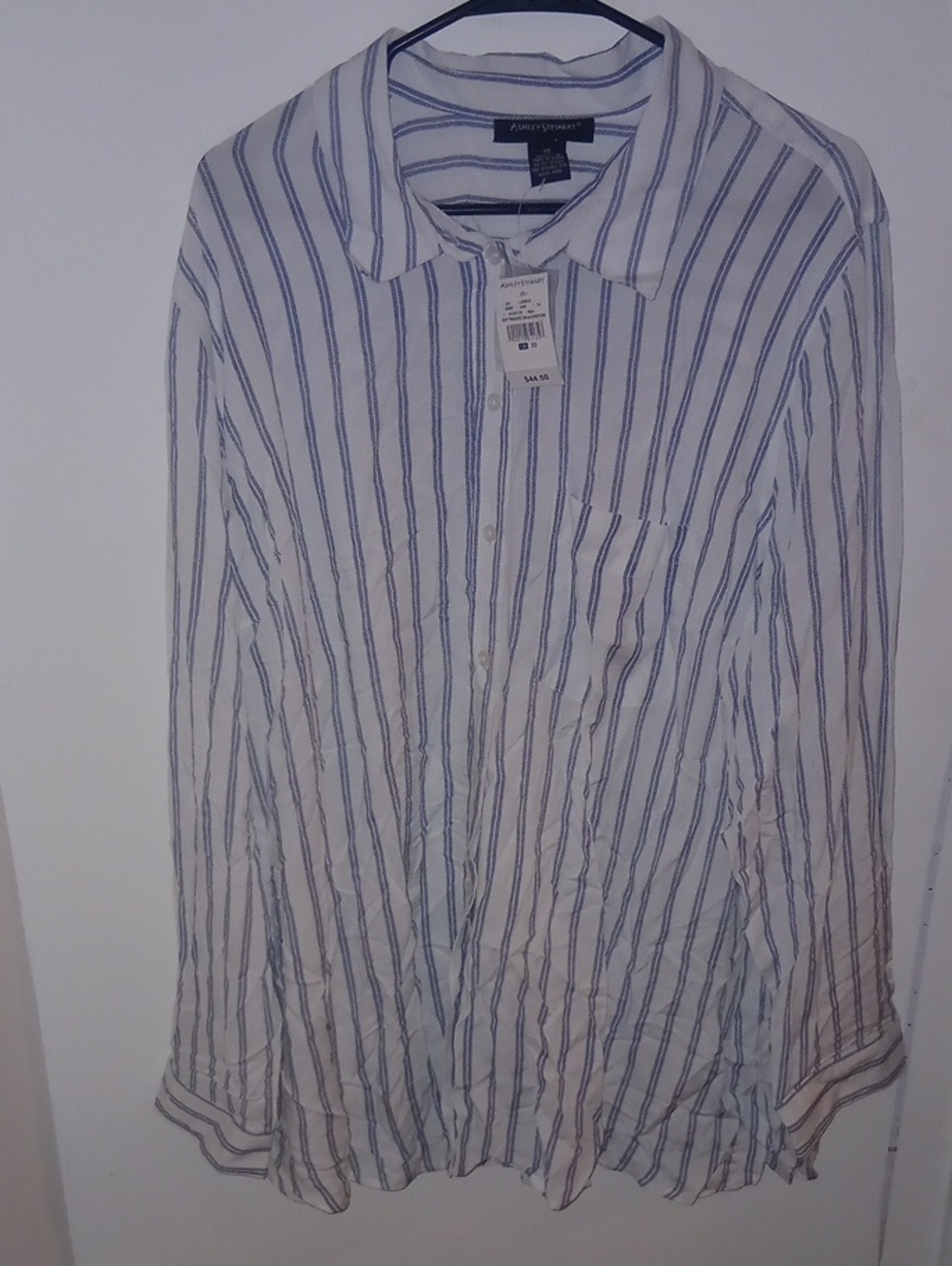 Ashley Stewart Womens White Button Up Shirt with Blue Vertical Stripes
